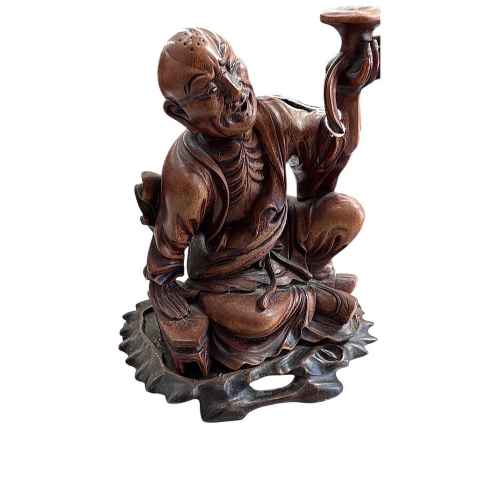 Rare 9” Antique Chinese Luohan Arhat Wood Carving Incense Burner Figure